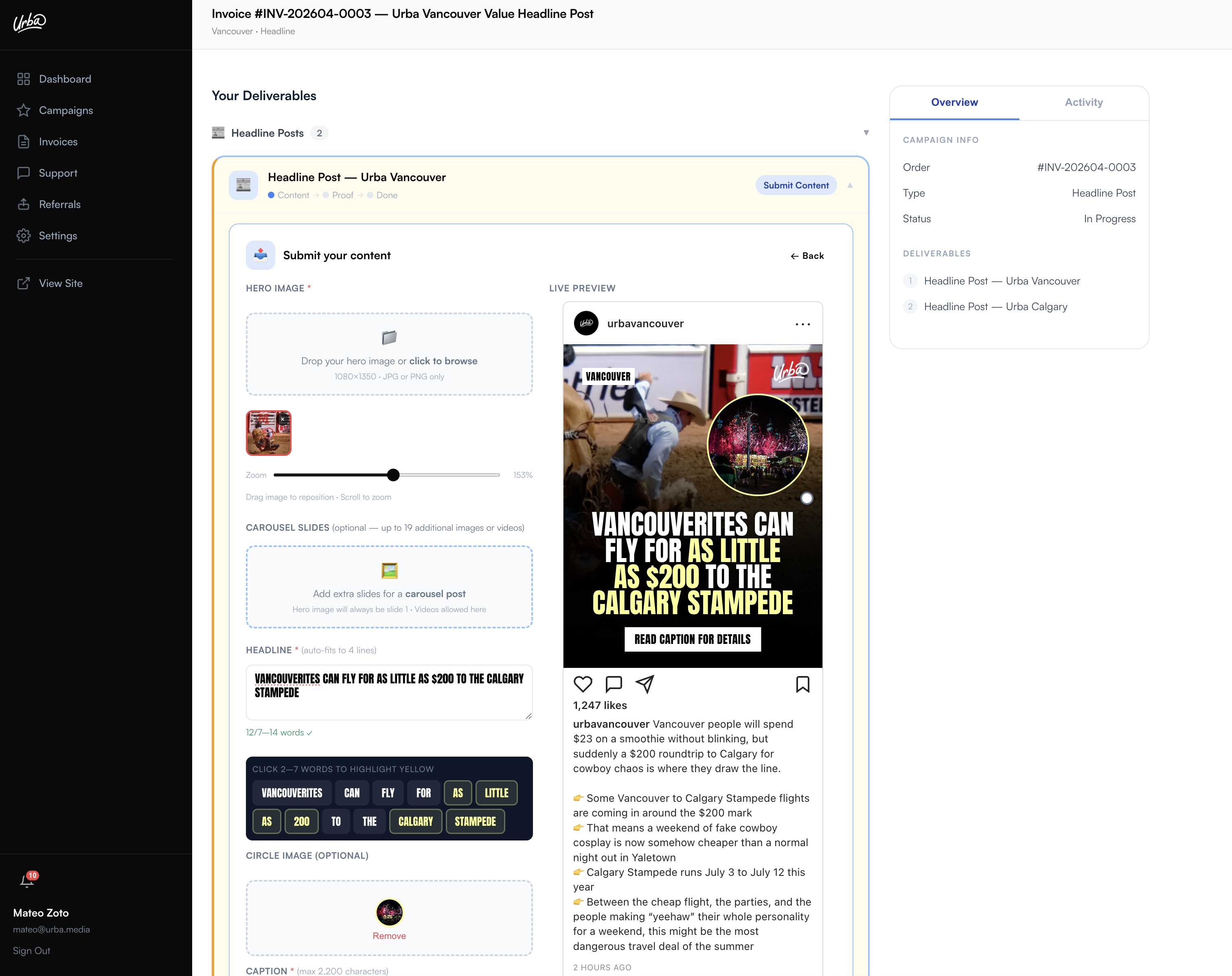 Content builder with live Instagram preview
