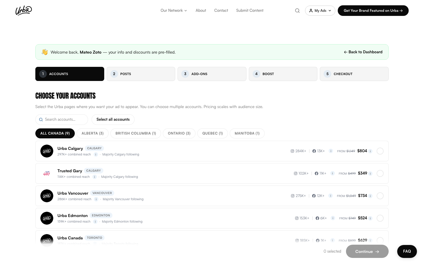 Urba campaign builder — choose your accounts and post types